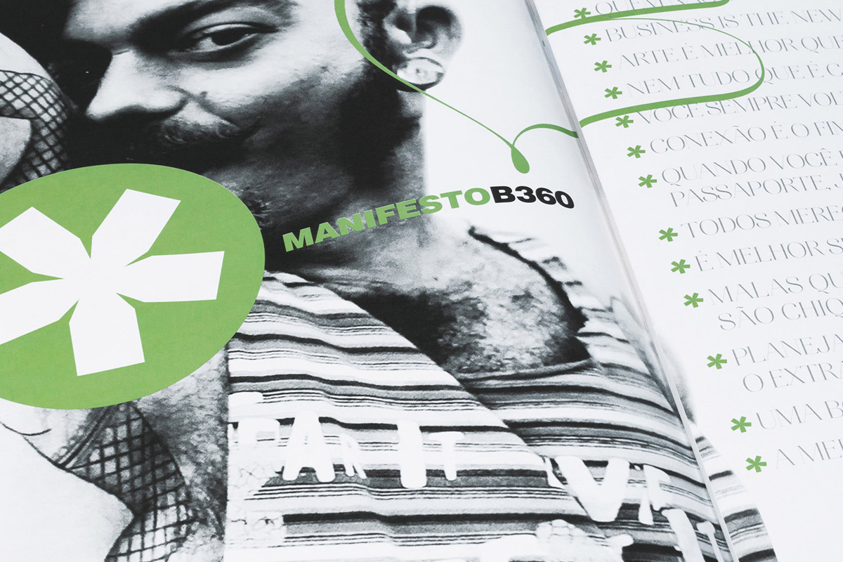 Catálogo Manifesto da B360 Travel, com tipografia grande e asterisco verde sobre retrato a preto e branco