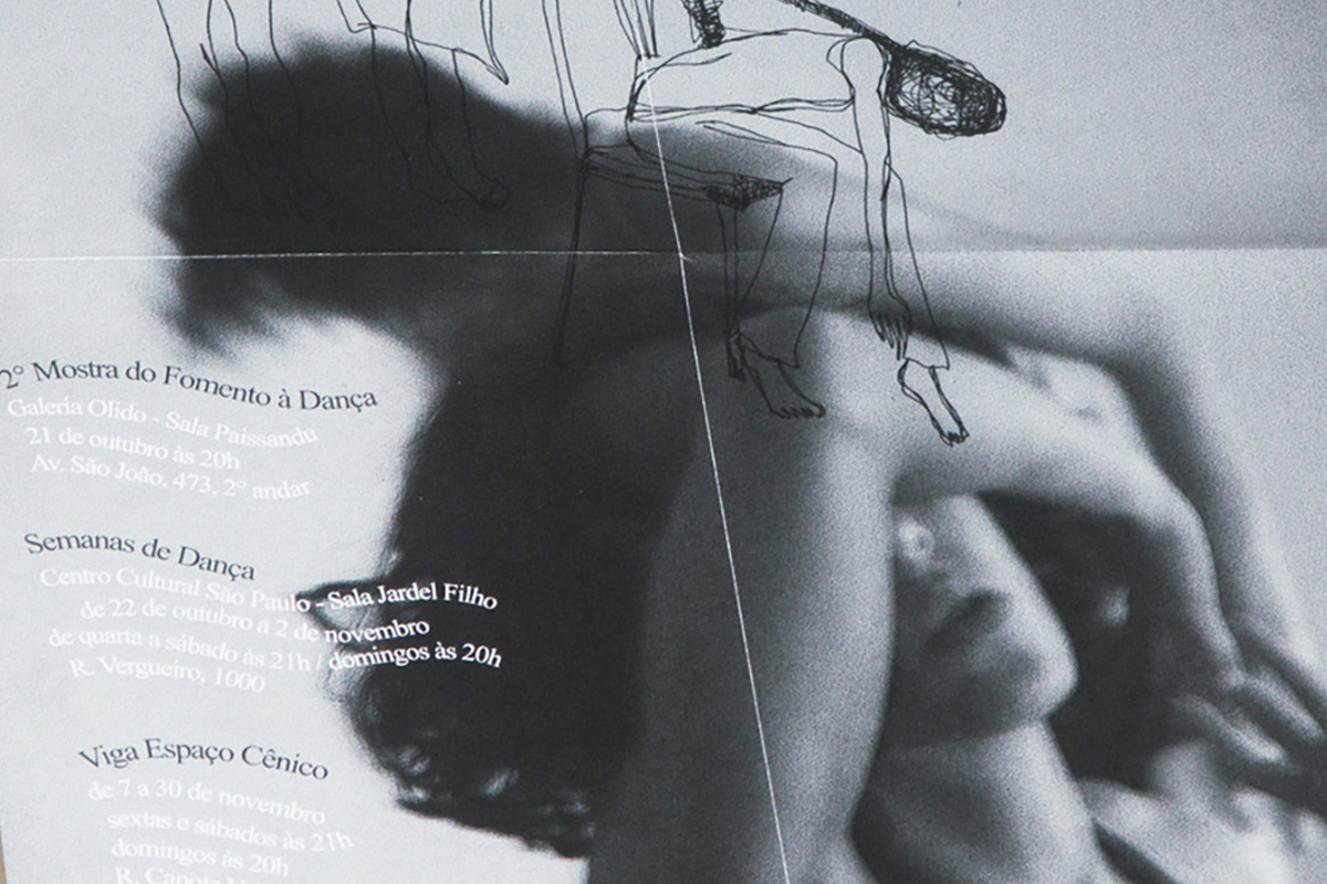 Cartaz de espetáculo da Cia. Perdida, com fotografia de dança a preto e branco e desenho a traço