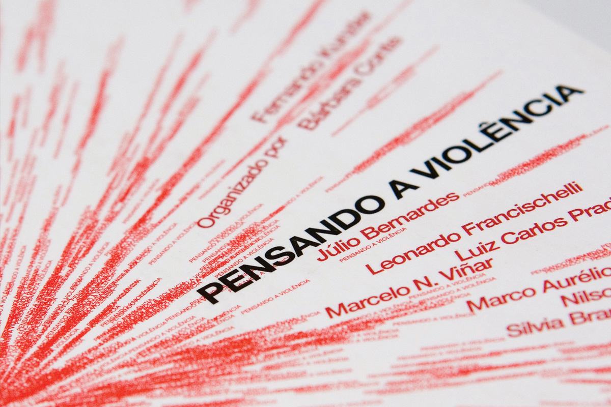 Detalhe da capa de Pensando a violência, da Editora Escuta, com traços vermelhos que partem dos nomes dos autores