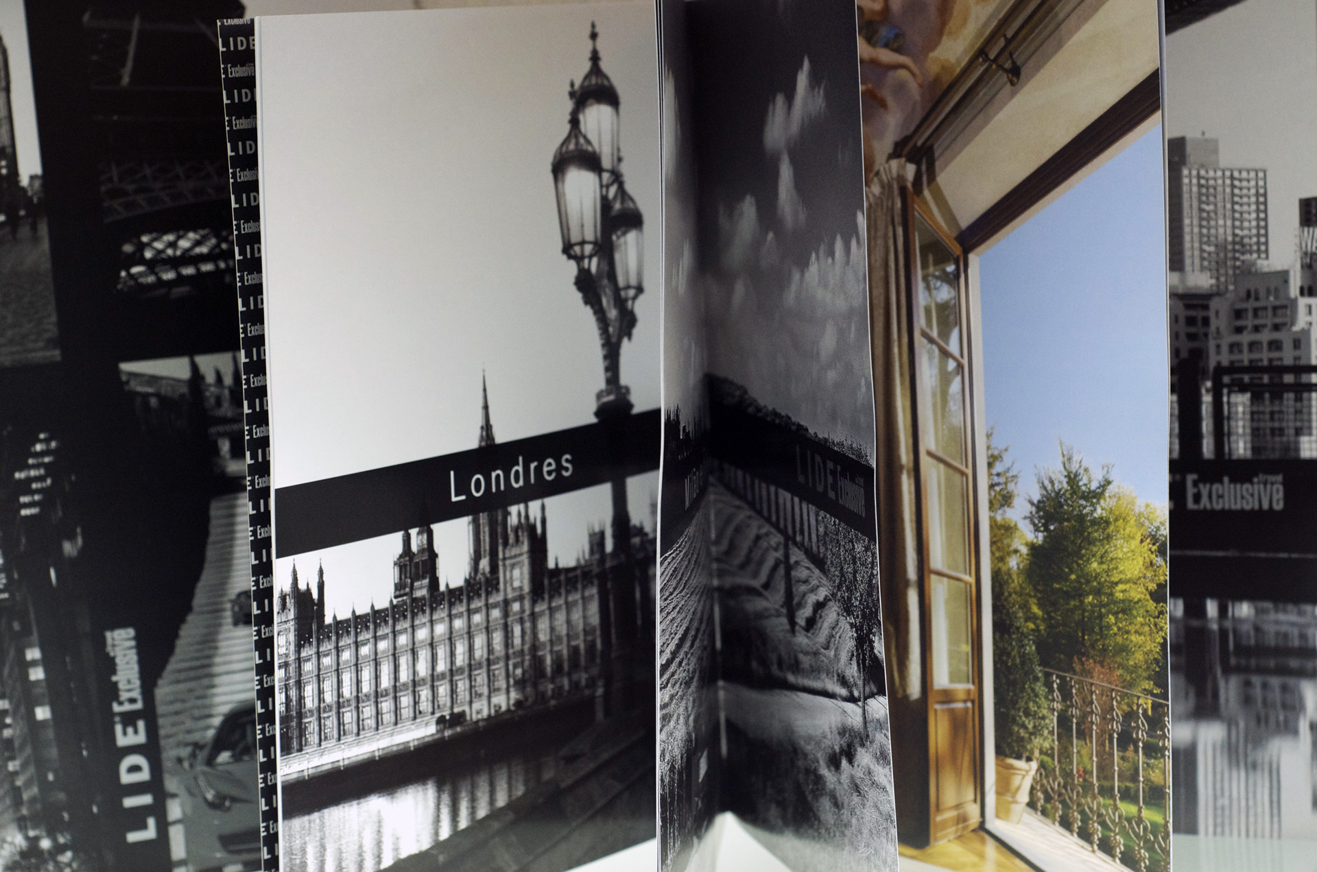 Páginas do catálogo LIDE com fotografia de Londres a preto e branco