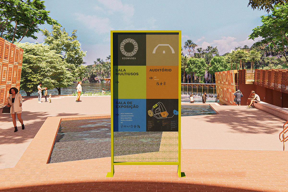 Wayfinding totem for the Amapá Ecomuseum, in an architectural render