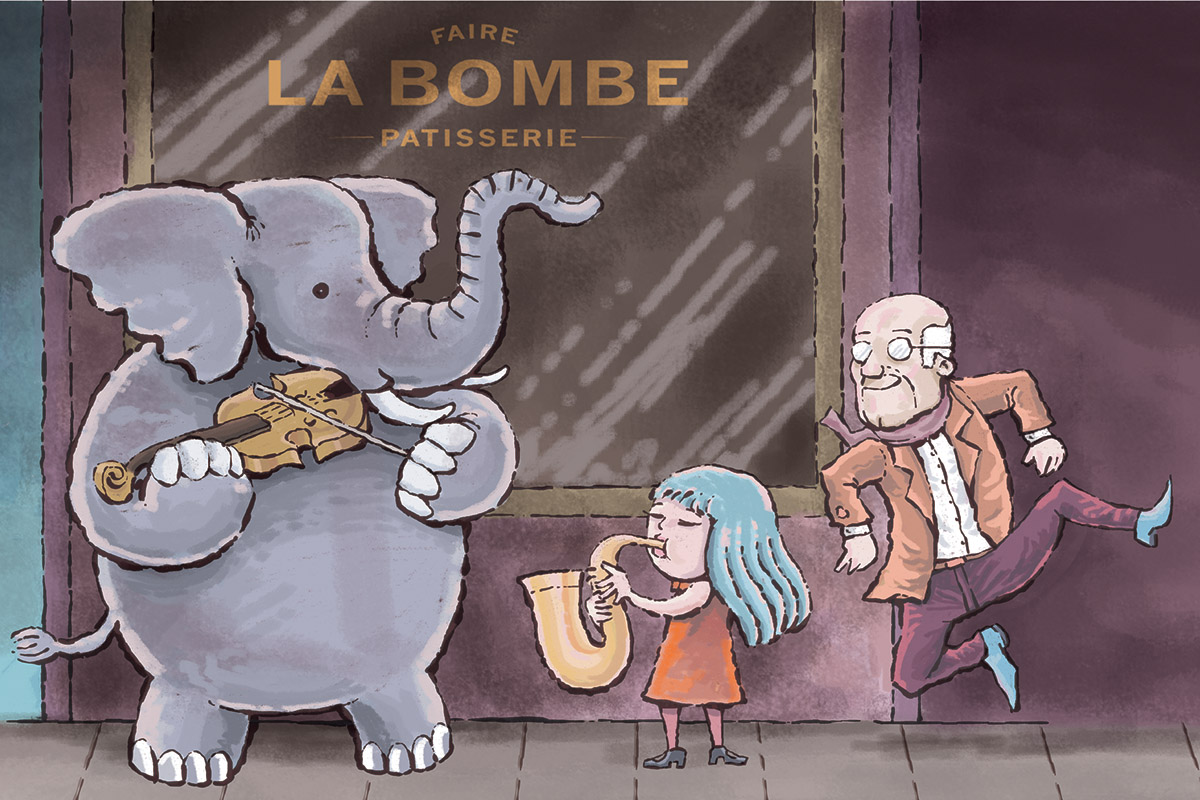 Elefante a tocar violino em frente à pastelaria La Bombe, com músicos na rua