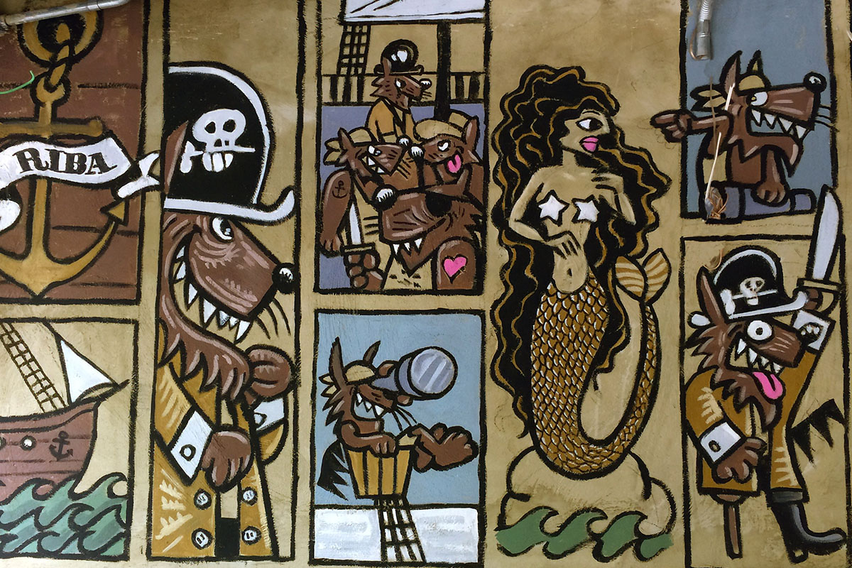 Detail of Riba's illustrated mural, with pirates and a mermaid