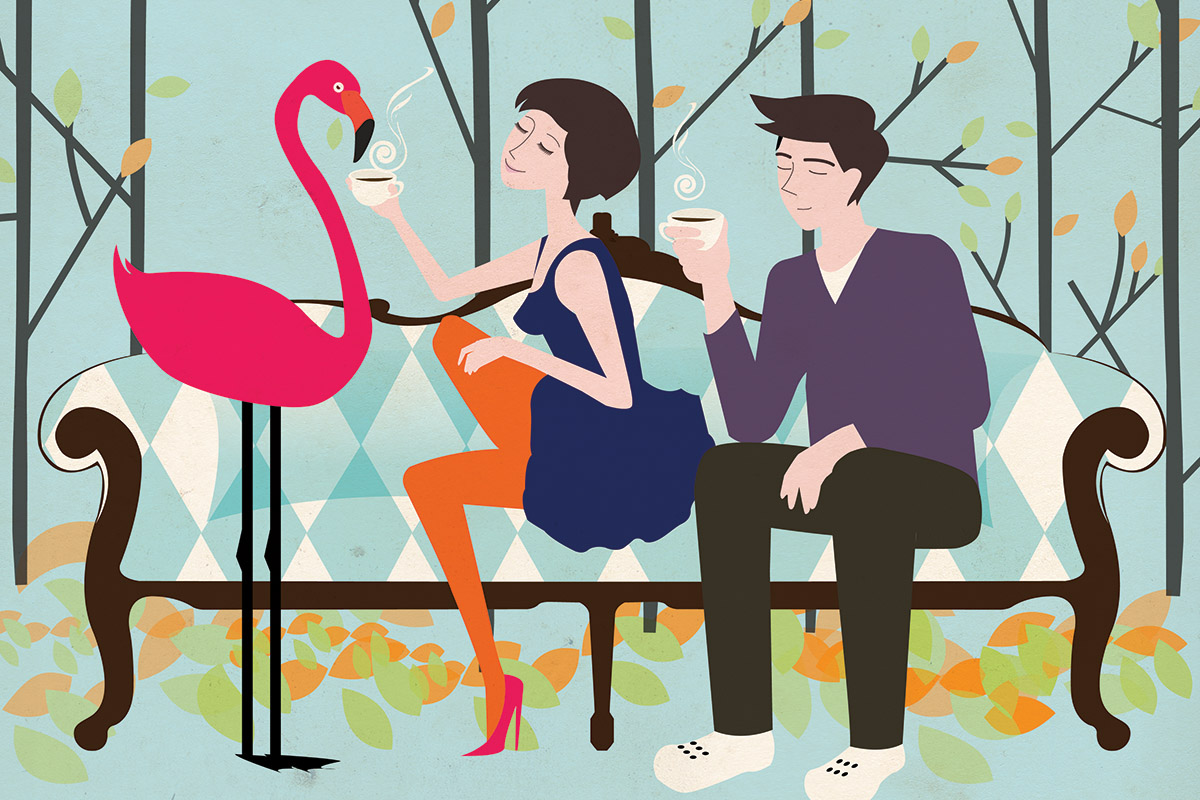 Casal a tomar café num sofá ao lado de um flamingo, ilustração do Sofá Café