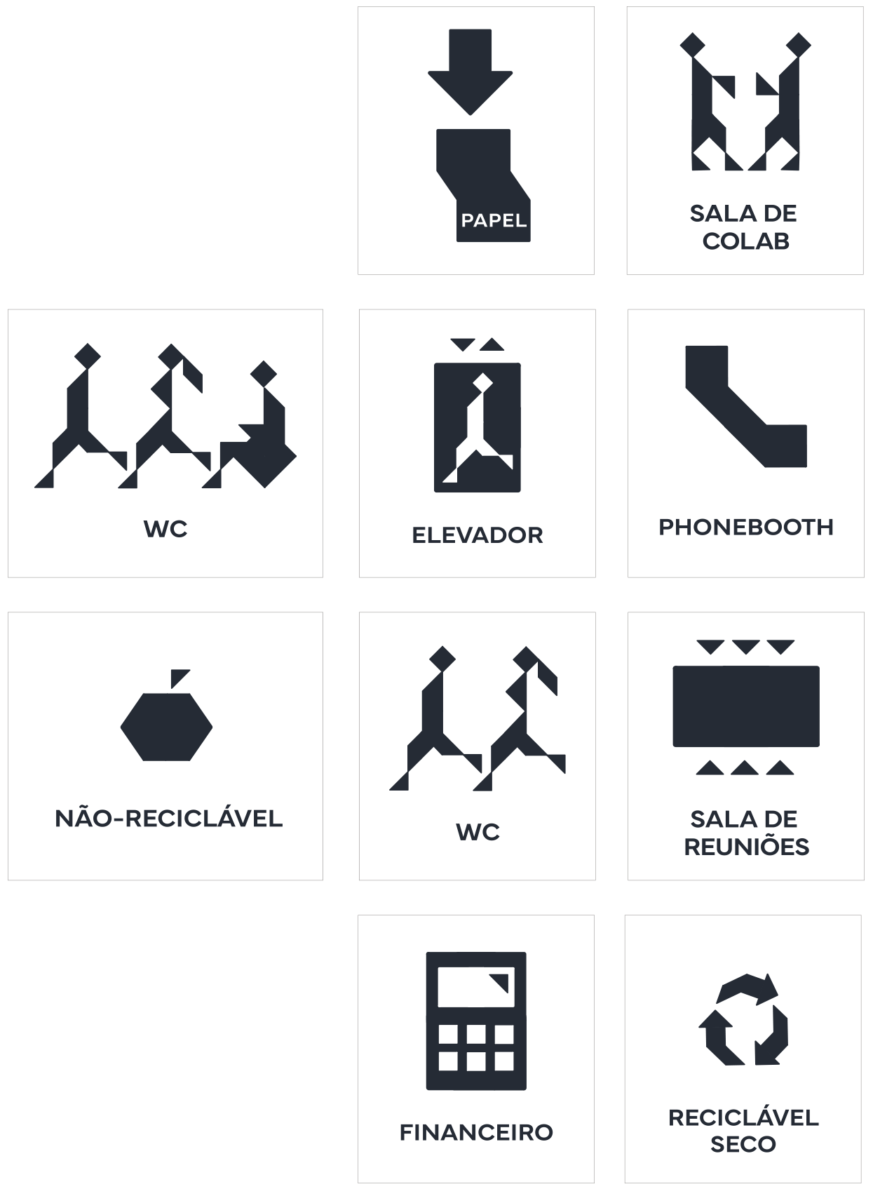 Set of Stark Bank wayfinding pictograms, designed from the tangram