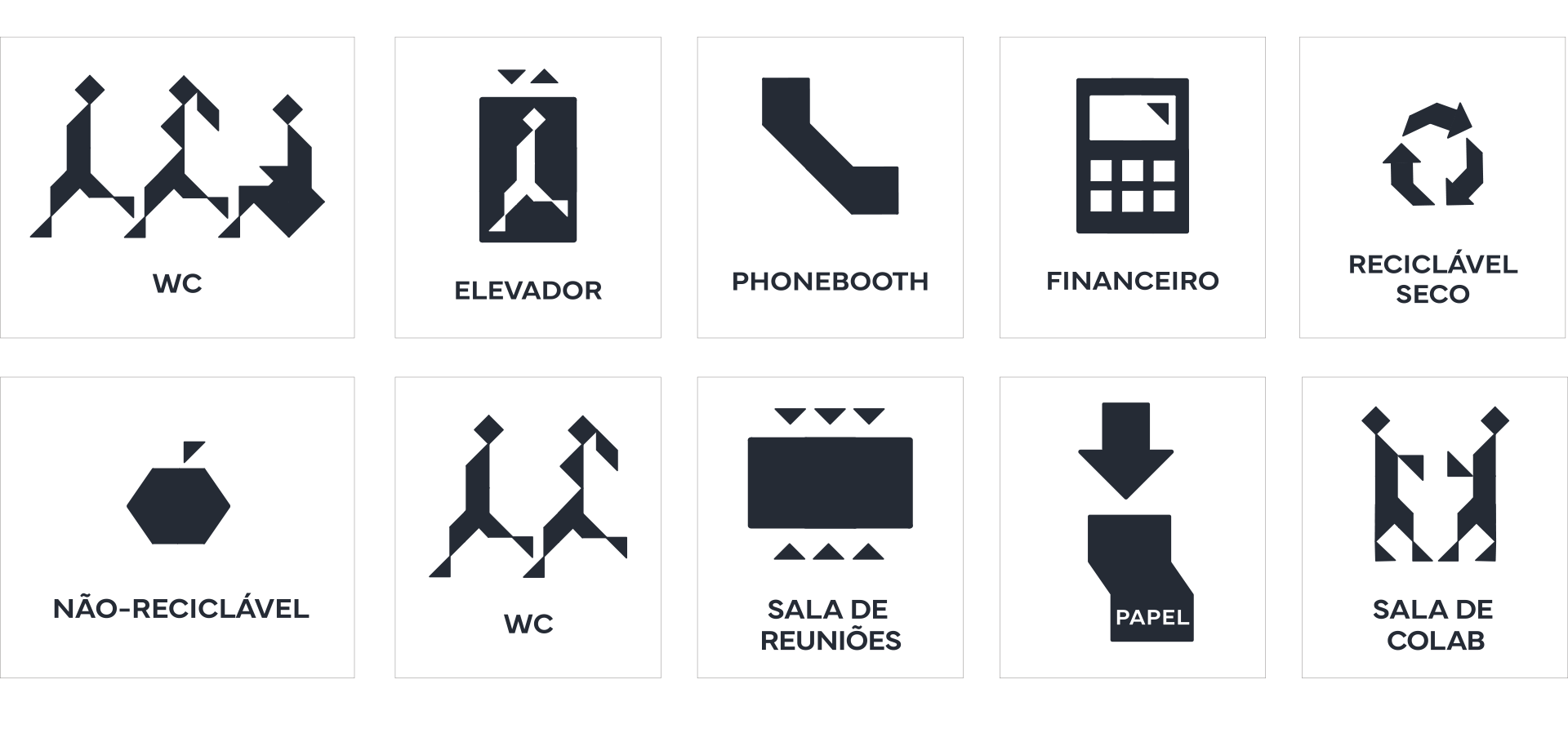 Conjunto de pictogramas da sinalética do Stark Bank, desenhados a partir do tangram