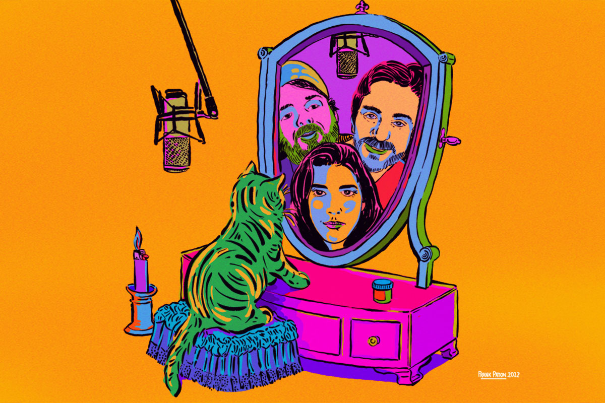 Retrato ilustrado dos Alter Sessions num espelho, com um gato tigrado e um microfone