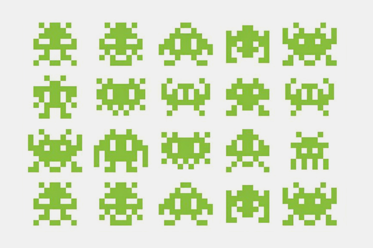 Padrão de invasores pixelizados verdes, ilustração do Bário