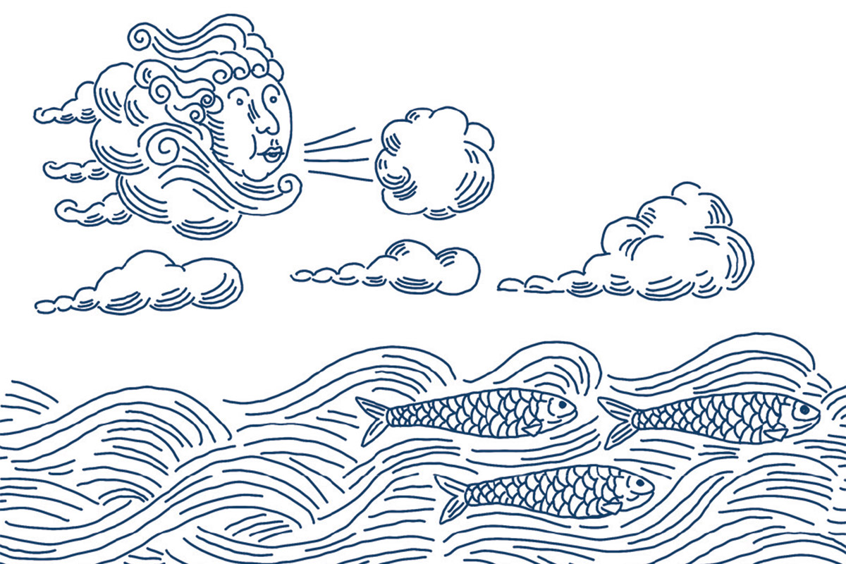 Vento, nuvens e peixes num mar ondulado, ilustração a tinta azul da Benta