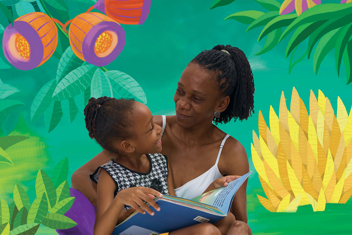 Mãe e filha a ler um livro entre plantas, ilustração do calendário da Fundação Dorina Nowill
