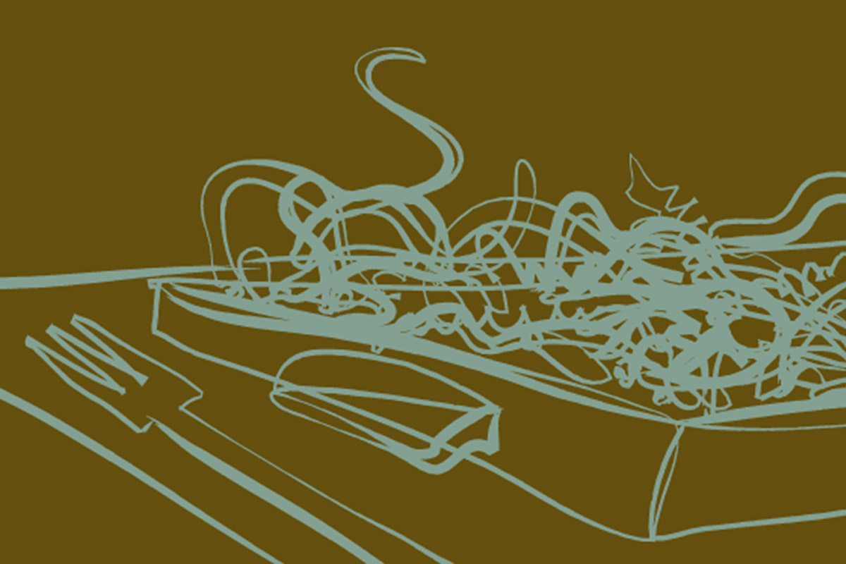 Desenho a traço de um prato de massa com garfo, ilustração do restaurante Dui
