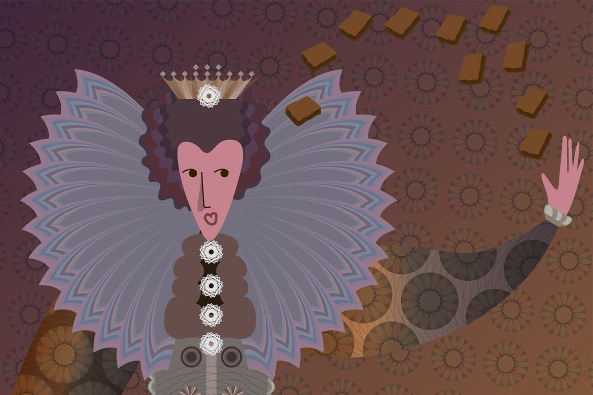 Rainha de coroa e asas em leque, ilustração da Queen Brownie