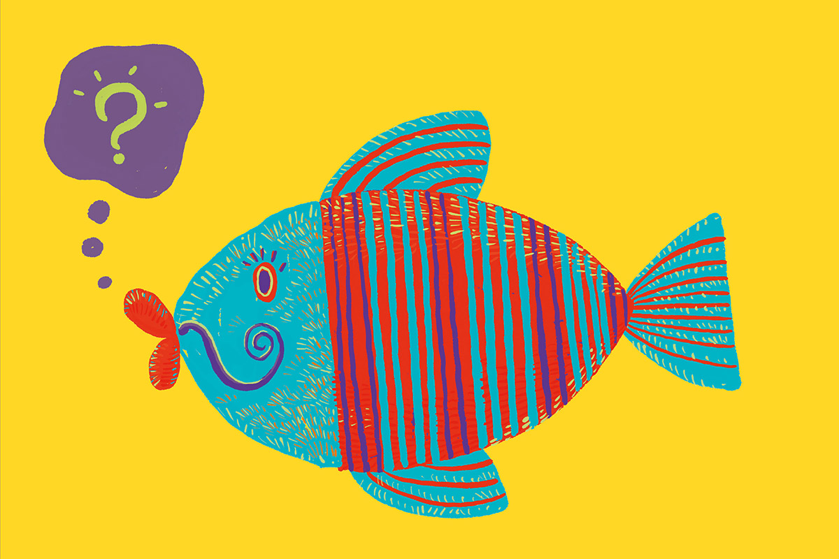 Peixe às riscas coloridas com um balão de pensamento, ilustração da Uêbaa